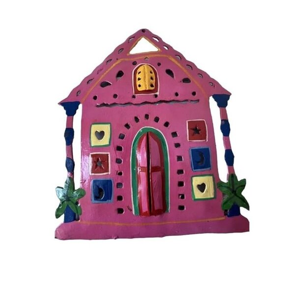 2 PCS Haiti Handmade Colorful Pink House Palm Tree Rustic Metal Wall‎ Hanging - Picture 3 of 6